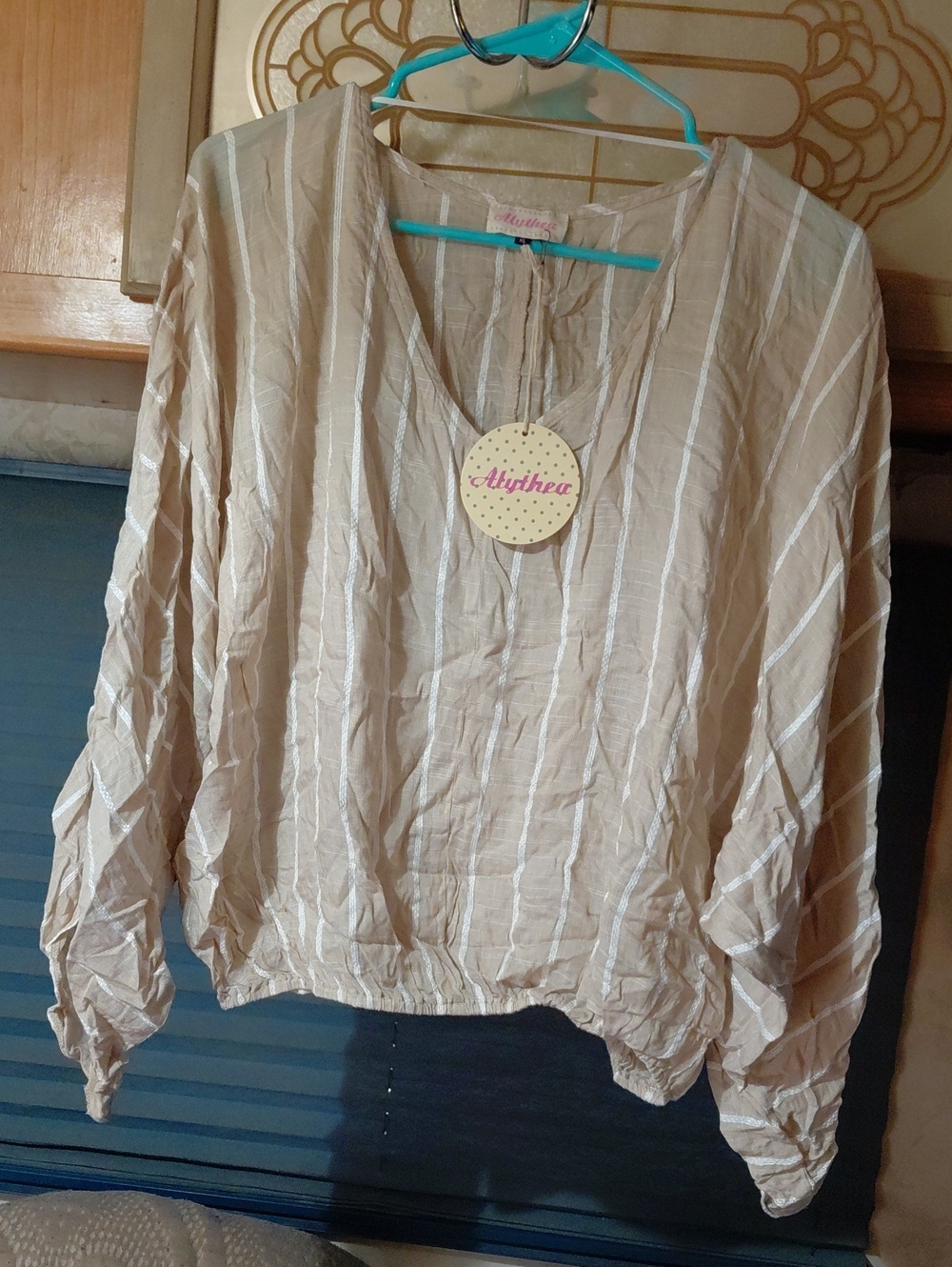 Alythea Light Beige & White Striped V-Neck Tunic